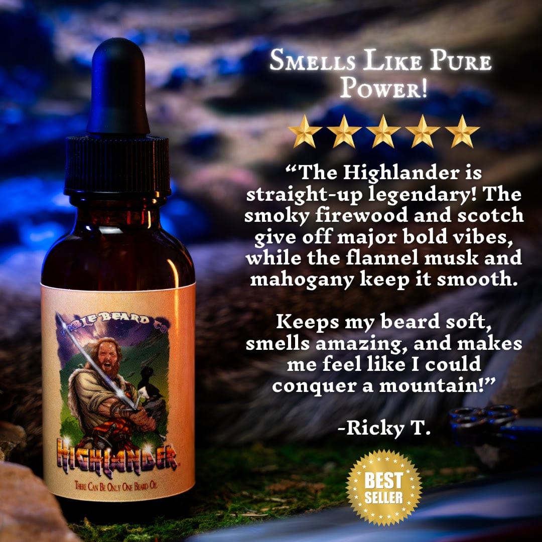 Fable Beard Company The Highlander - Beard Oil - Smoked Firewood, Robust Scotch, and Nostalgic Mahogany