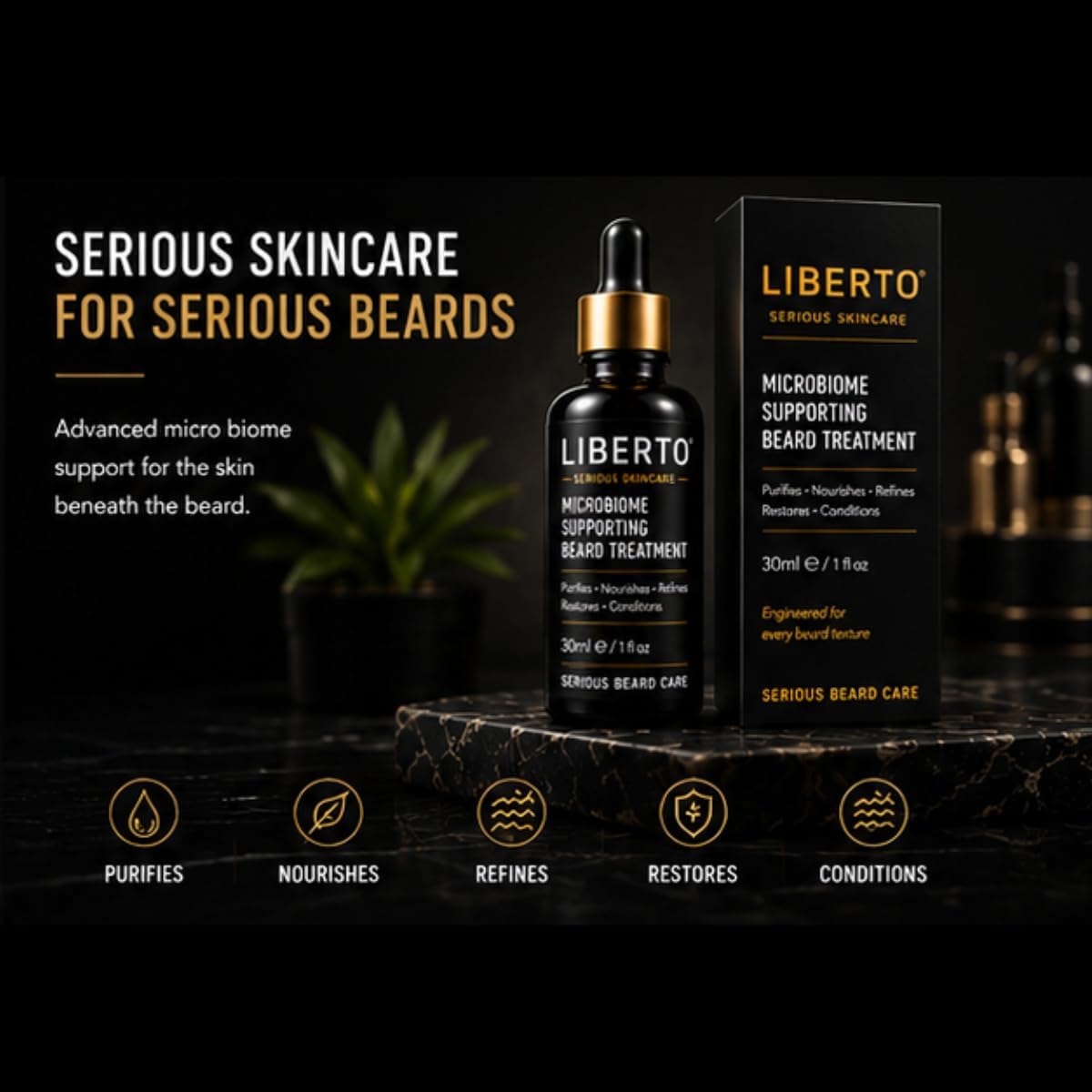 LIBERTO Microbiome Supporting Beard Treatment for Men | Premium Beard Oil with Probiotic Ferment, Argan Oil & Jojoba Oil | Helps Nourish, Condition & Soften Beard Hair | 30ml
