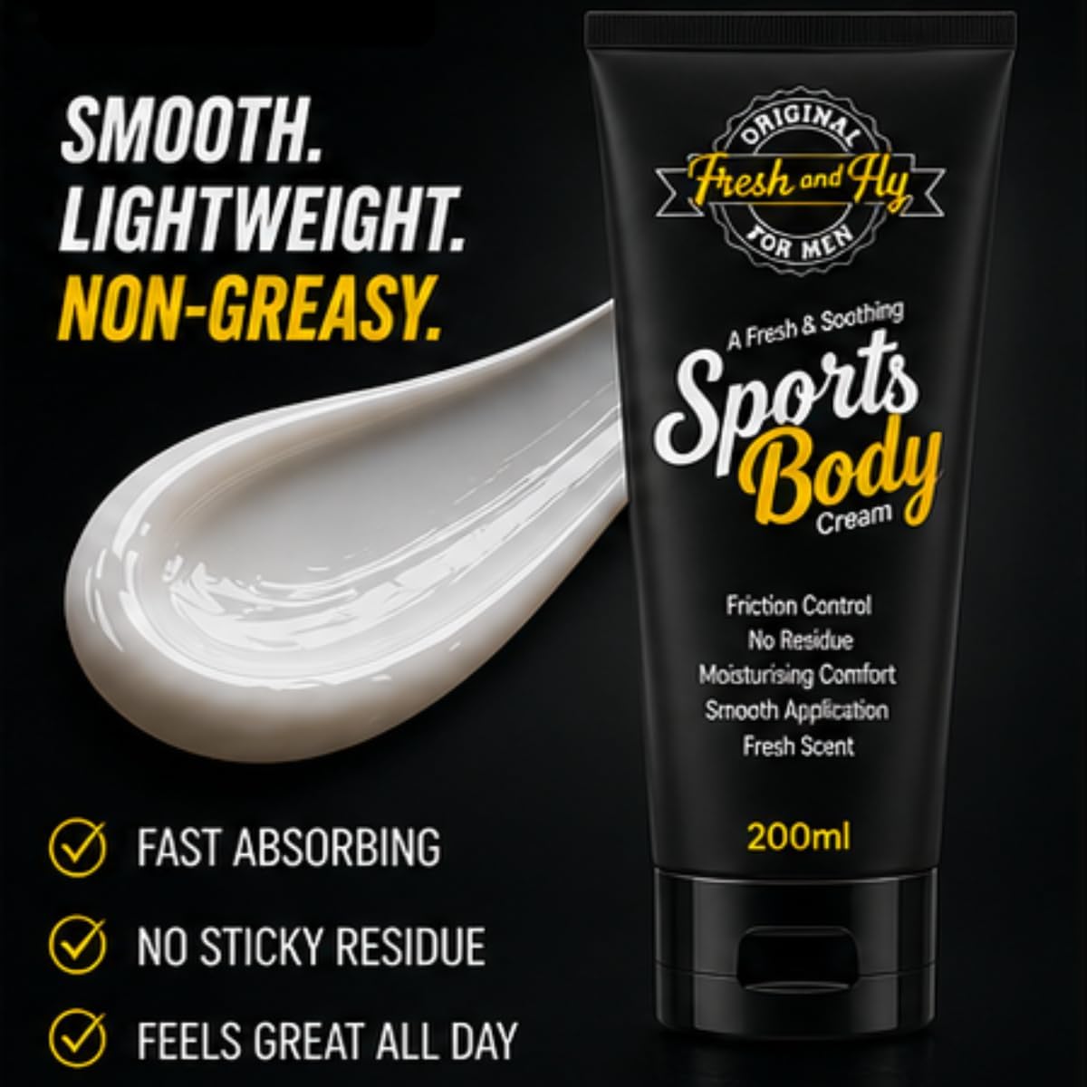 Fresh & Fly Anti Chafing Sport Body Cream 200ml – Friction Control for Running, Gym & Training – Lightweight, Non-Greasy Formula for Men
