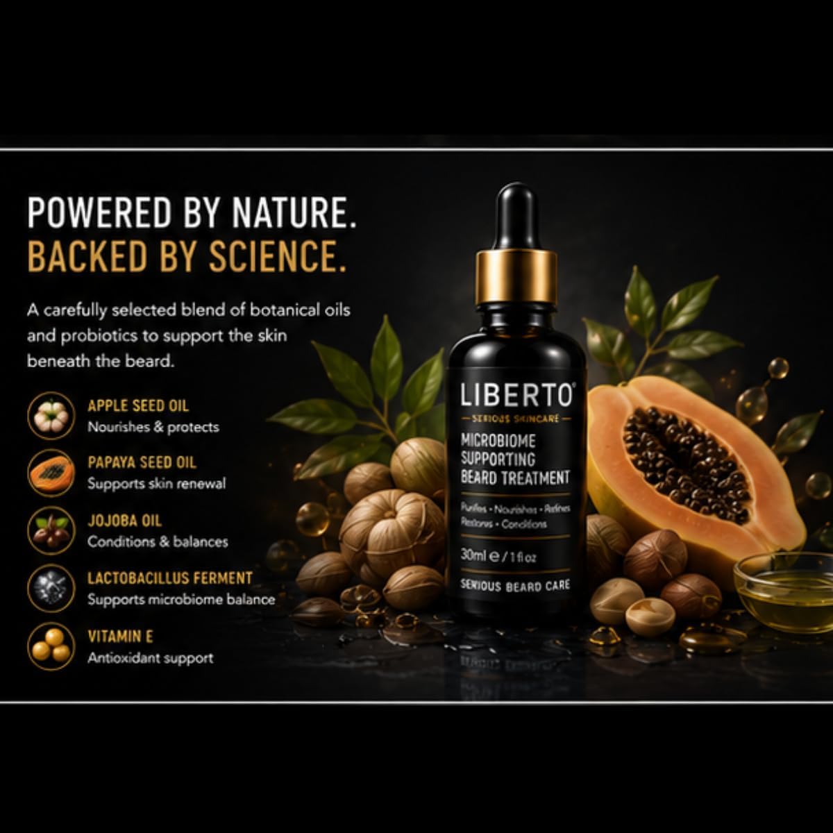 LIBERTO Microbiome Supporting Beard Treatment for Men | Premium Beard Oil with Probiotic Ferment, Argan Oil & Jojoba Oil | Helps Nourish, Condition & Soften Beard Hair | 30ml