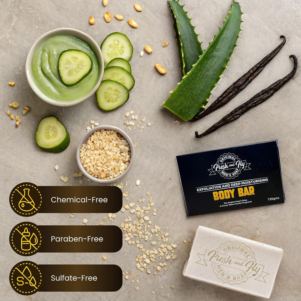 Fresh and Fly Men's Soap Bar for Face, Body, Hair 300g - 4X Bigger 4X Longer - Handmade, Natural Soap Bar - Organic, Moisturizing, and Cleansing Formula for Dry Skin (Exfoliating Vanilla)
