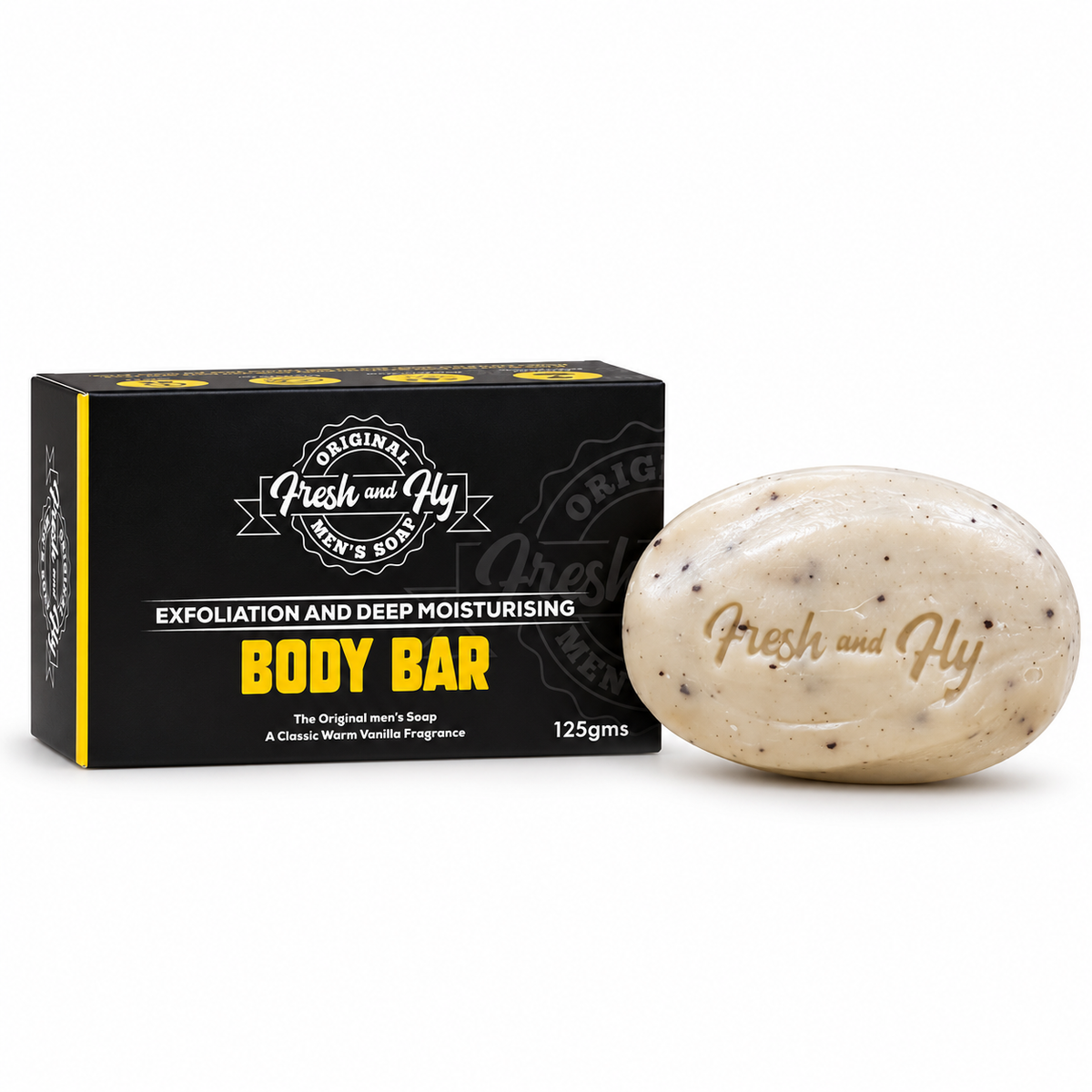 Fresh and Fly Body Bar 125 g box and soap front view