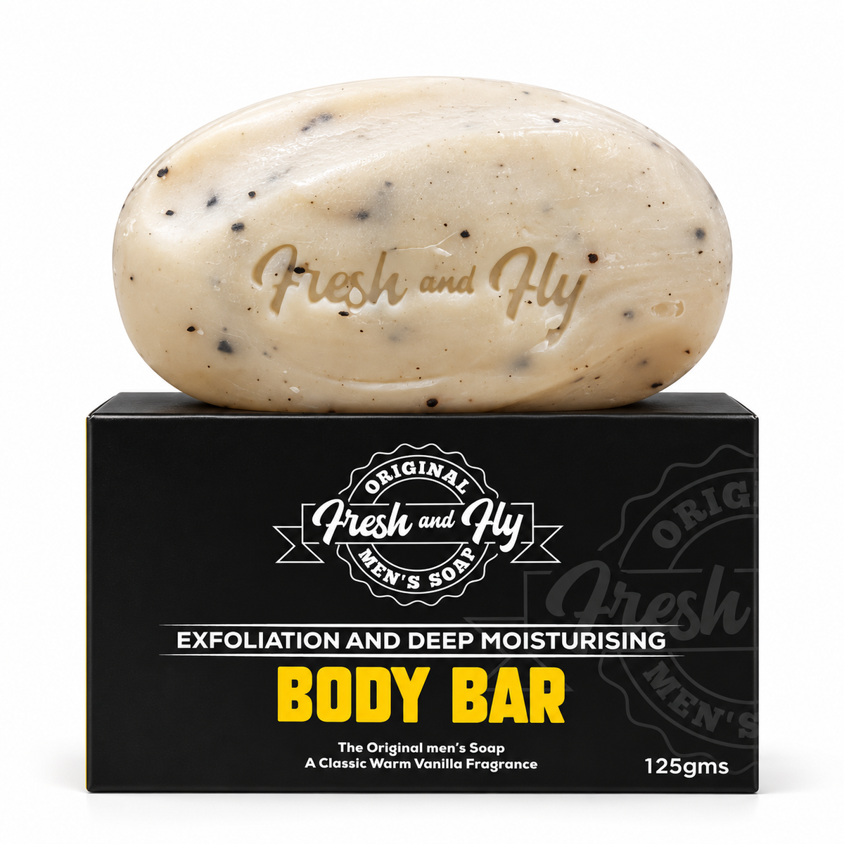Fresh and Fly Body Bar 125 g soap resting on its box