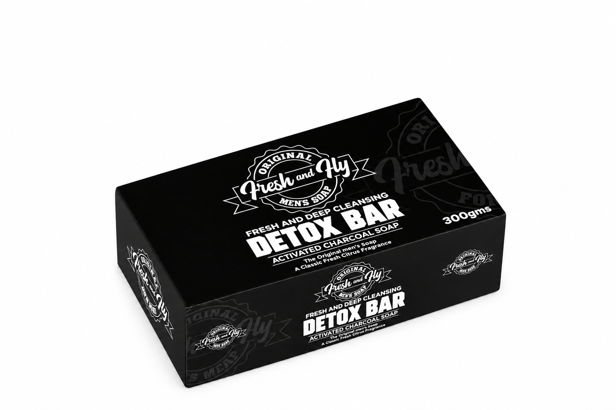 Fresh and Fly Detox activated charcoal soap 300 g box lying flat