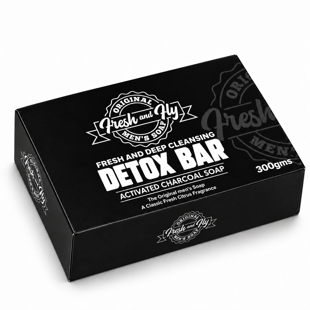 Fresh and Fly Detox activated charcoal soap 300 g box lying flat