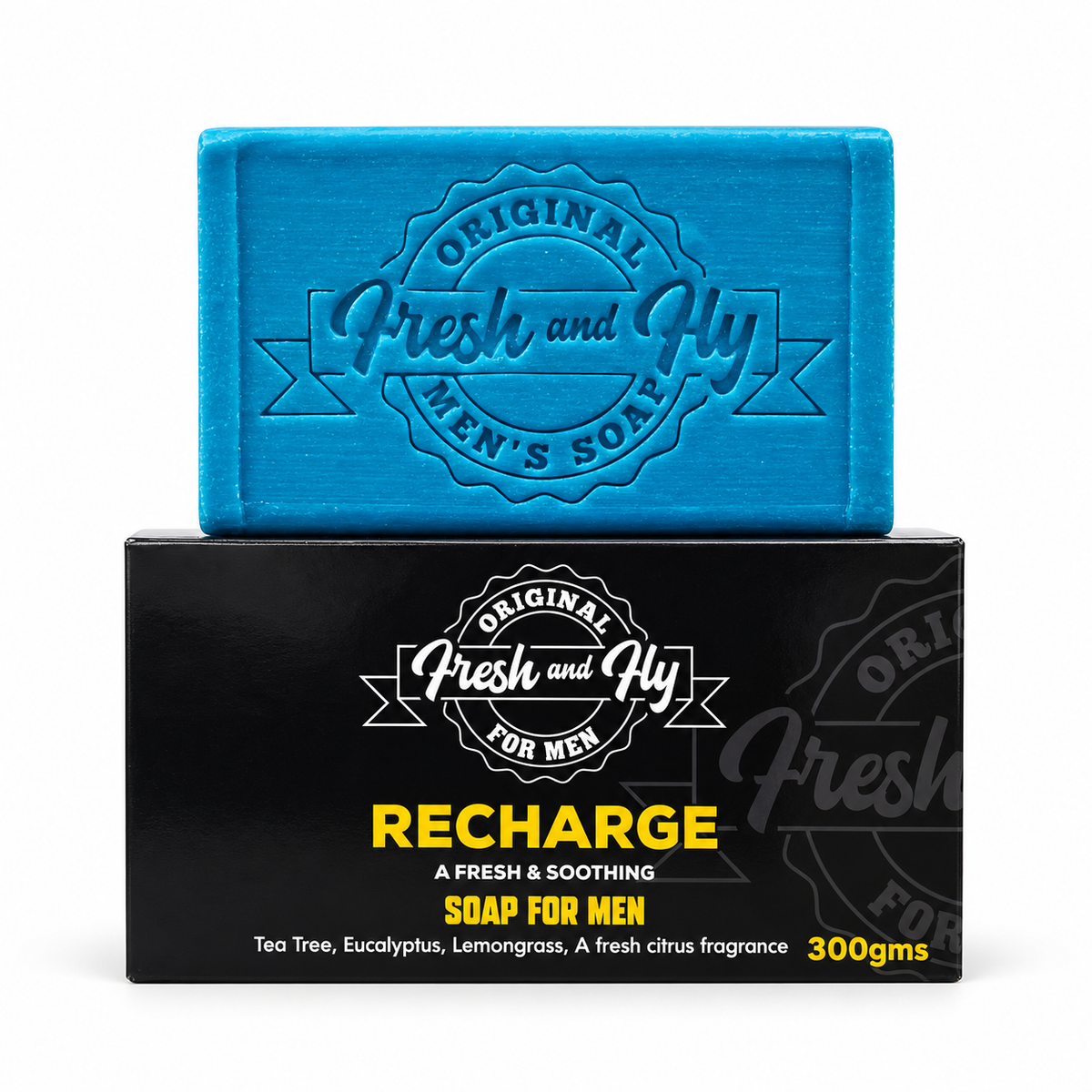 Fresh and Fly Recharge blue soap bar resting on its 300 g box