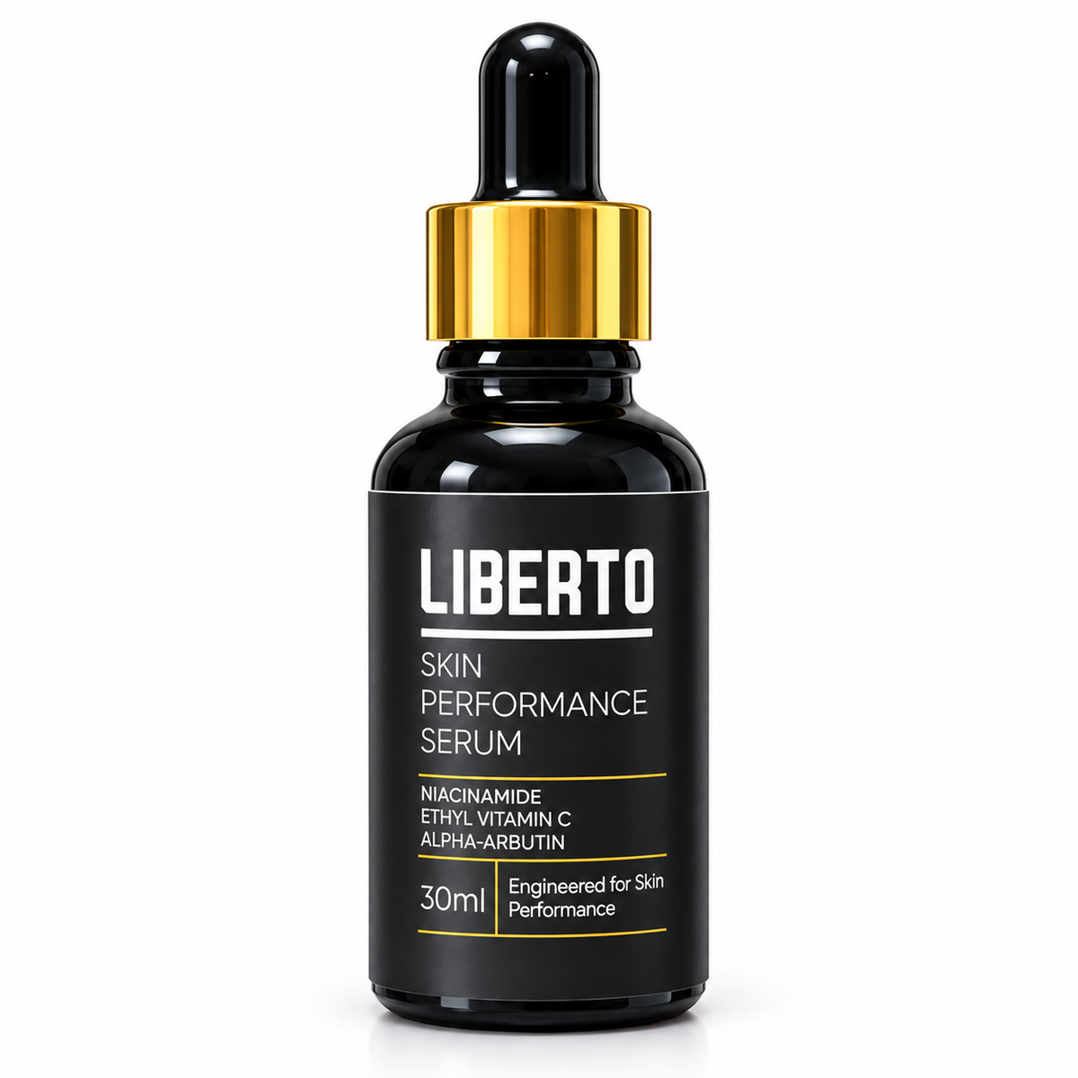 Liberto Skin Performance Serum 30ml black bottle with gold dropper collar