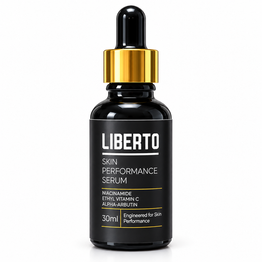 Liberto Skin Performance Serum 30ml black bottle with gold dropper collar